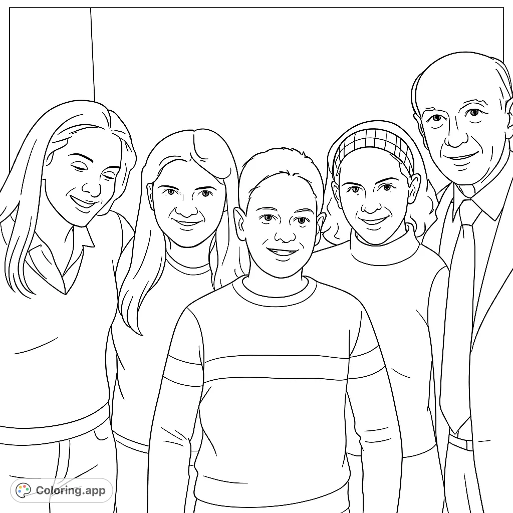 A heartwarming family group portrait featuring five smiling individuals. A free printable family coloring page for kids and adults, perfect for celebrating togetherness.