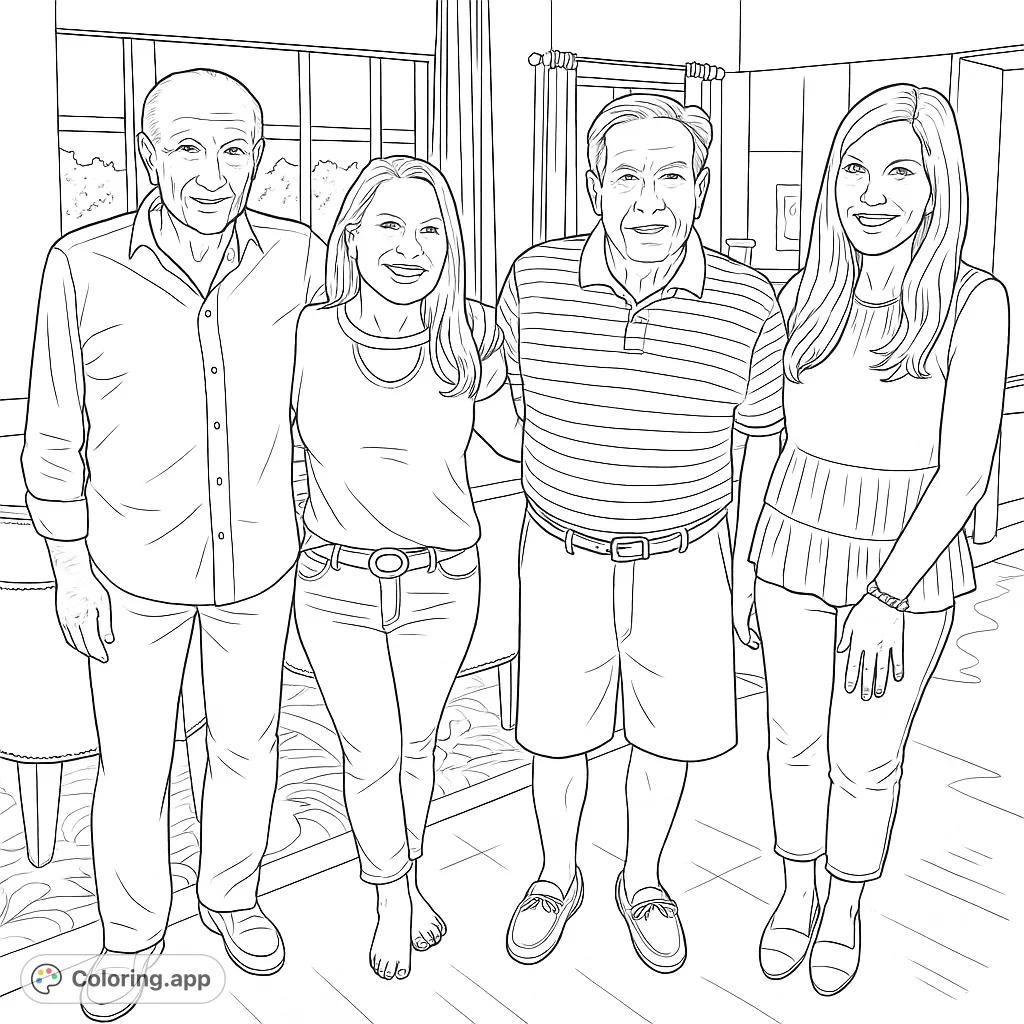 Color a heartwarming family portrait featuring four smiling individuals in a cozy indoor setting. A free printable family coloring page for all ages.