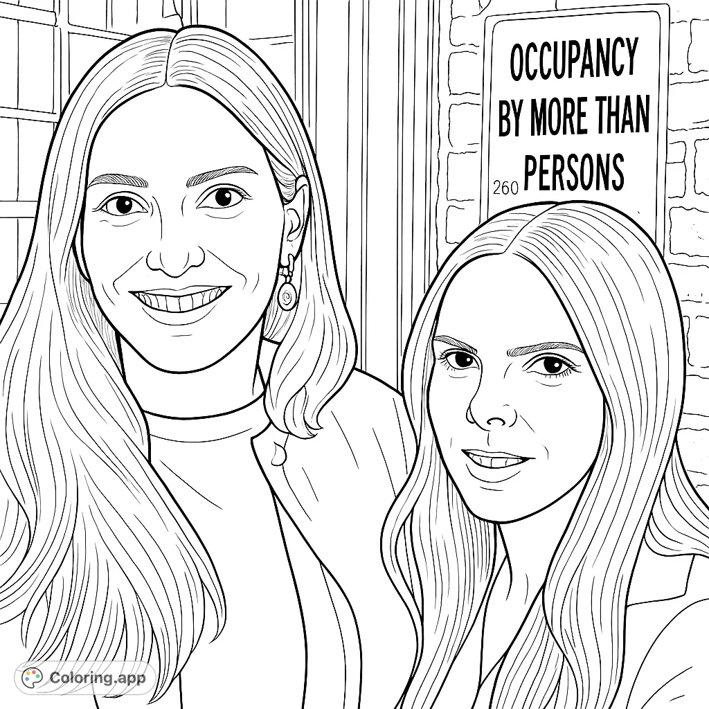 A delightful portrait of two smiling women with flowing hair, set against a textured urban background. A free printable portrait coloring page for all ages.