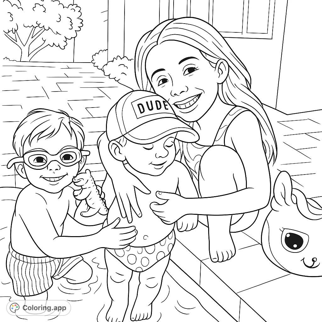 Joyful kids splash and play in the pool! A happy girl embraces a little one in a 'DUDE' cap, while another boy with goggles holds a dino toy. Perfect for summer fun!