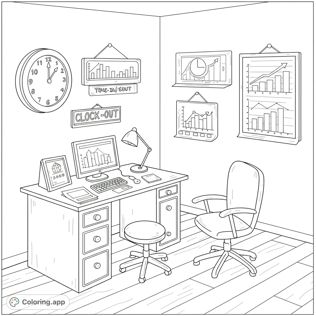 Explore a detailed office workspace coloring page. Features a desk, computer, office chair, and wall charts. Perfect for focus & creativity.