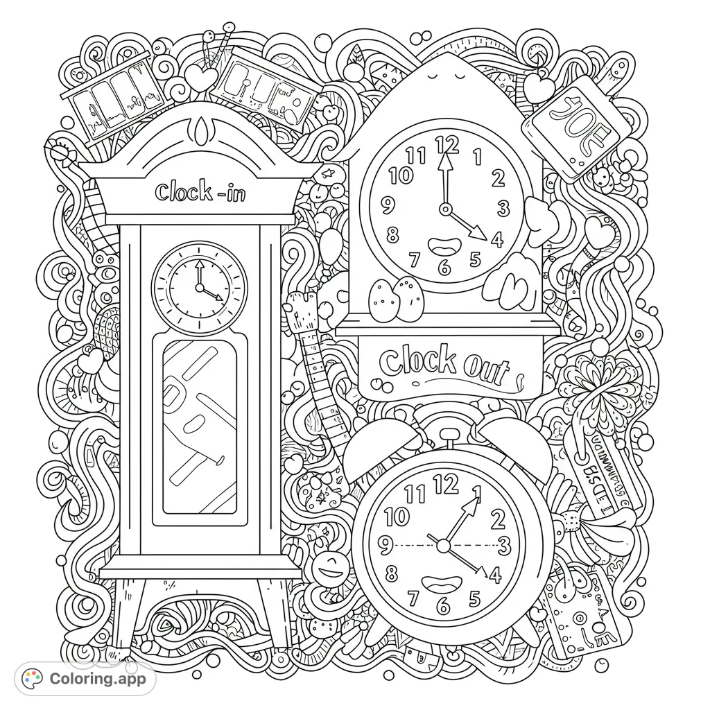 Dive into a whimsical world of clocks and intricate doodles! This free printable time-themed coloring page offers hours of creative fun for all ages.