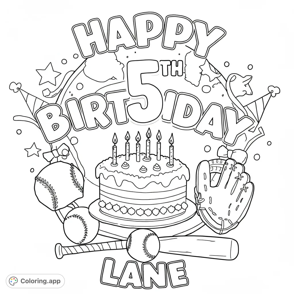 Celebrate a 5th birthday with this fun baseball-themed coloring page! Features a cake, baseball gear, and festive decorations.