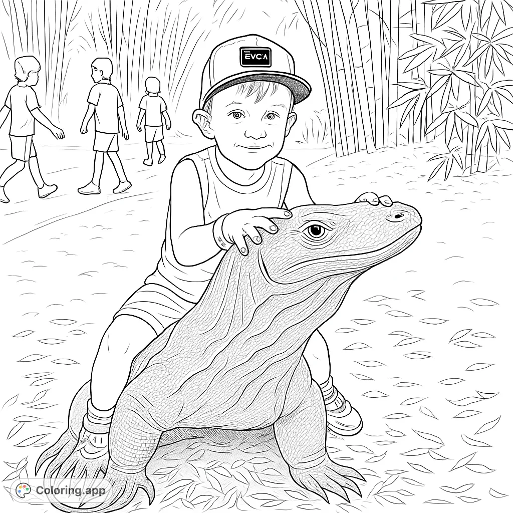 An adventurous Komodo dragon coloring page featuring a boy riding a large lizard, perfect for a free printable coloring page for kids and adults.