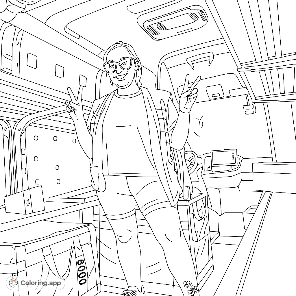 A cheerful woman in sunglasses makes peace signs inside a detailed van interior, perfect for a free printable van life coloring page adventure.