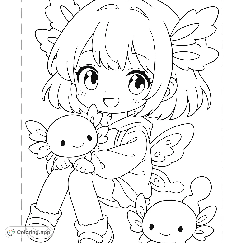 Adorable chibi girl with butterfly bows and two cute axolotls. A charming anime-style free printable coloring page for kids and adults.