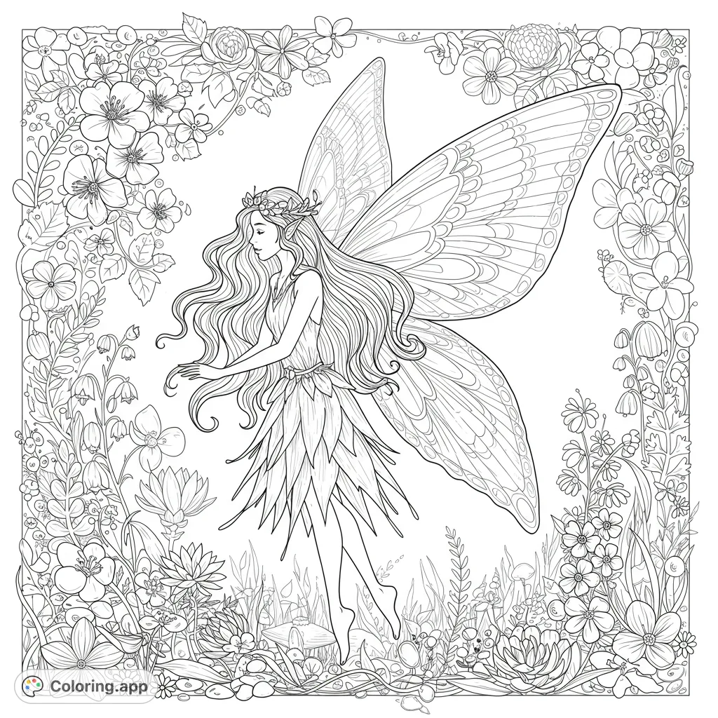 A beautiful fairy with intricate wings and flowing hair, surrounded by a lush, detailed floral border. Perfect for a magical coloring experience.