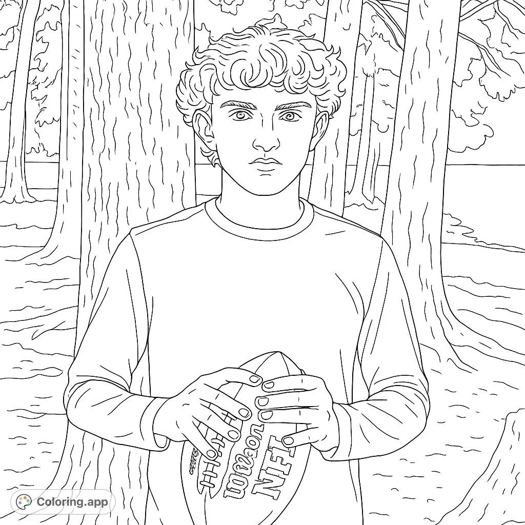 A young man with curly hair holds a football in a forest setting. Perfect for sports fans and nature lovers. Free printable football coloring page.