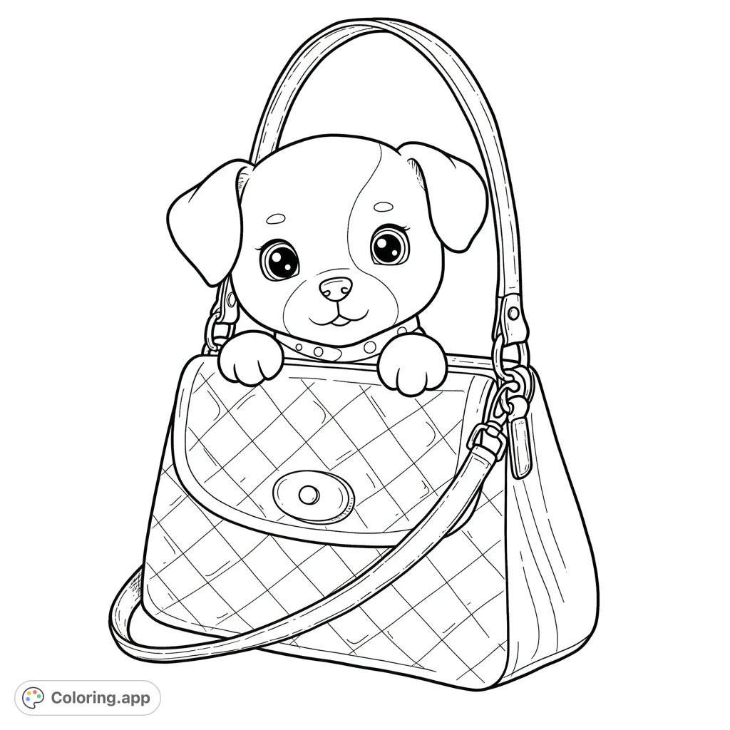 An adorable puppy peeks from a stylish quilted handbag. A charming free printable puppy coloring page for kids and adults, perfect for pet lovers.