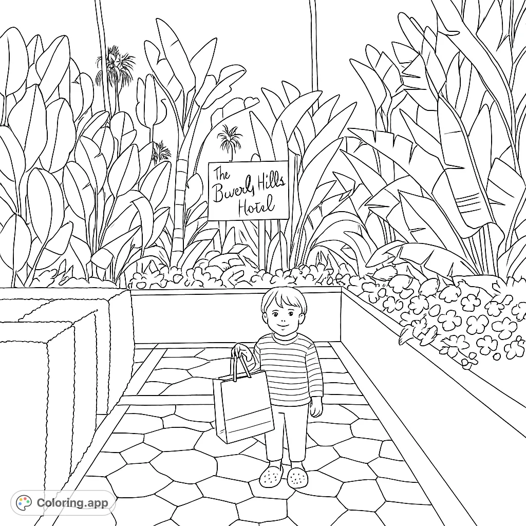 A charming hotel entrance coloring page featuring a boy with a shopping bag amidst lush tropical plants and a patterned pathway. Perfect free printable coloring page for kids!