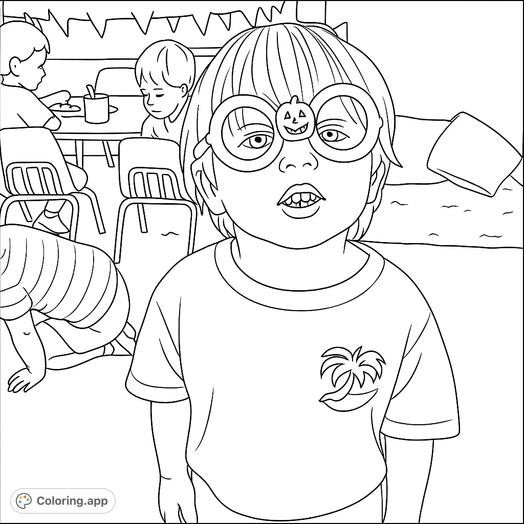 A delightful free printable Halloween coloring page featuring a child in fun pumpkin glasses at a party, perfect for kids and festive fun.