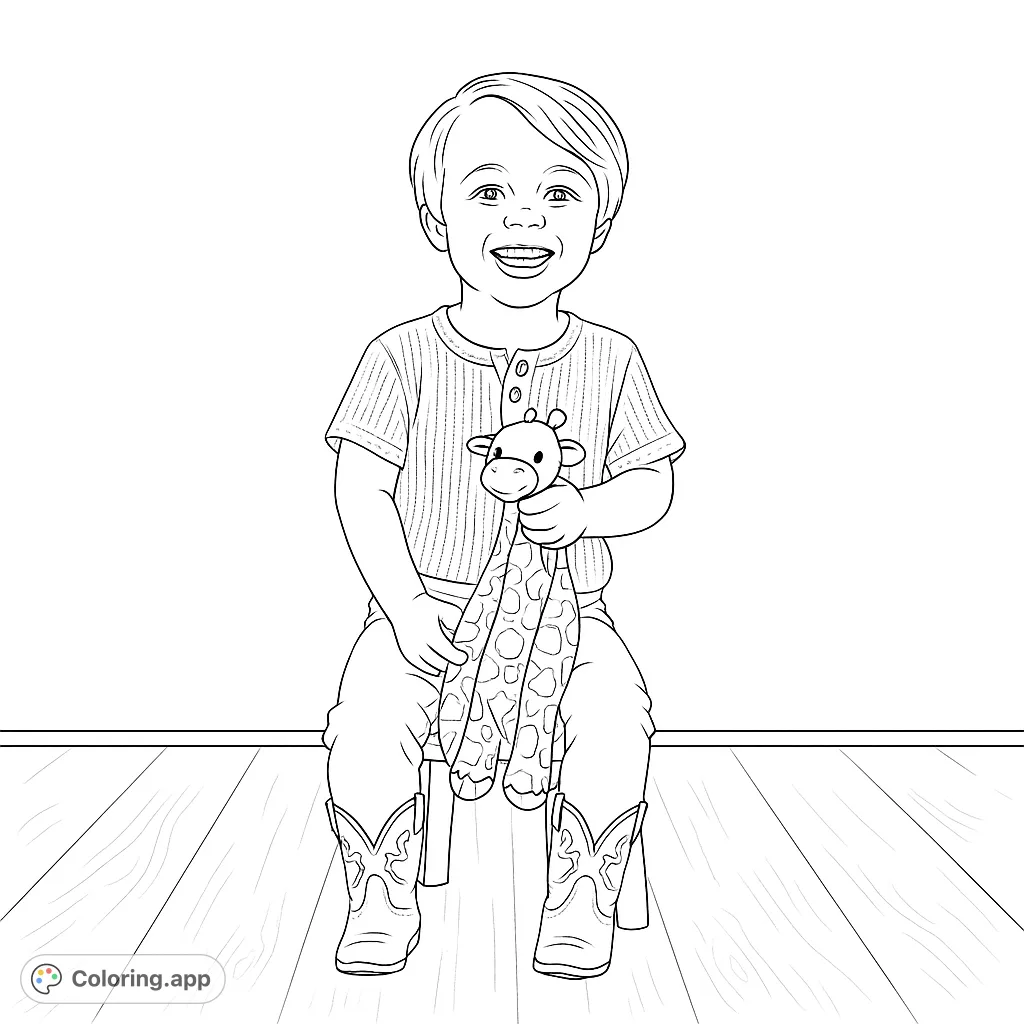 A happy child in cowboy boots holds a giraffe toy, ready for vibrant colors. A charming free printable kids coloring page.