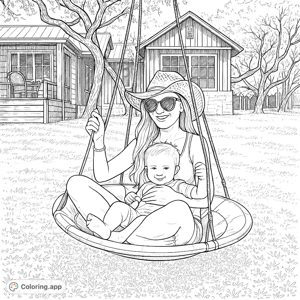 A heartwarming family coloring page featuring a mother and baby smiling in a cozy swing, set against a charming backyard scene. Perfect for all ages!