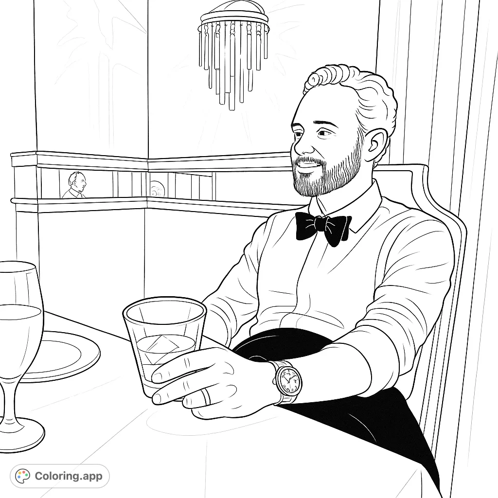 A sophisticated gentleman enjoys a formal dinner, holding a drink in a refined setting. Perfect for adult colorists seeking a classy, detailed scene.