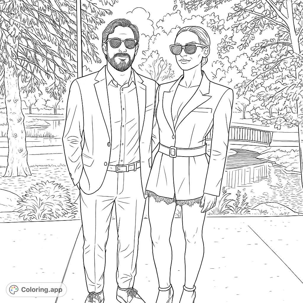 Color a chic couple in a park setting. Features a man in a suit and a woman in a stylish romper, surrounded by trees and a bridge. Free printable coloring page.