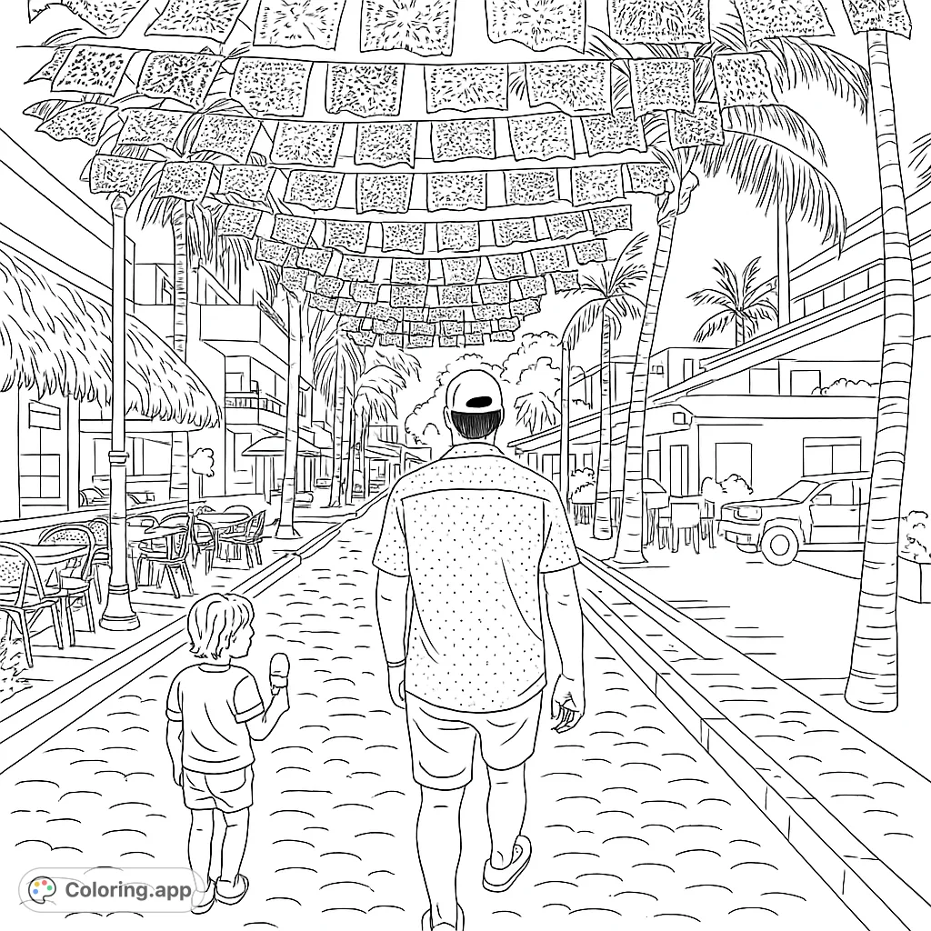 Walk down a vibrant tropical street under festive banners with a man and child. A detailed free printable coloring page for all ages.