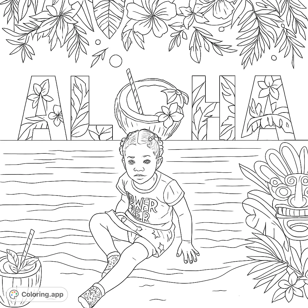 A delightful tropical Aloha coloring page featuring a child on a beach, surrounded by lush foliage, a tiki mask, and "ALOHA" letters.
