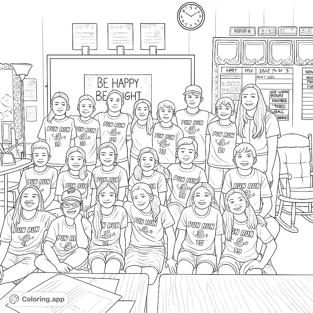 A joyful group of kids and an adult in a classroom setting, ready for a fun run. Perfect for celebrating teamwork and school spirit!