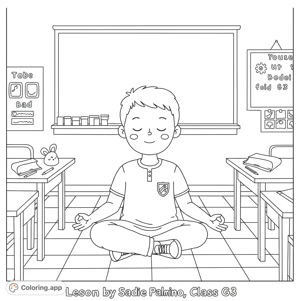 A peaceful boy meditates in a classroom, surrounded by desks and a whiteboard. A calming mindfulness coloring page for kids and adults.
