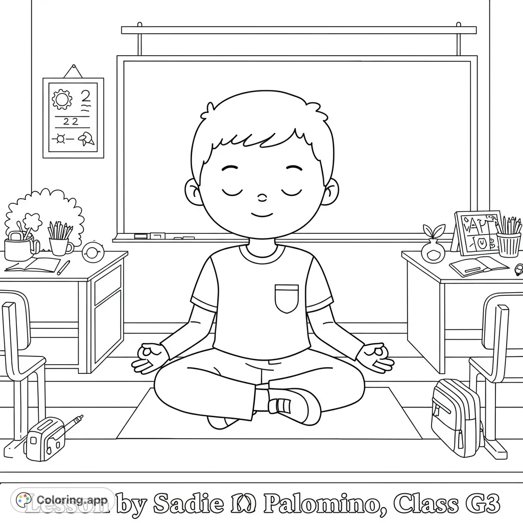 A serene classroom scene featuring a young boy meditating peacefully on a mat, surrounded by school desks and a whiteboard. Perfect for mindfulness.