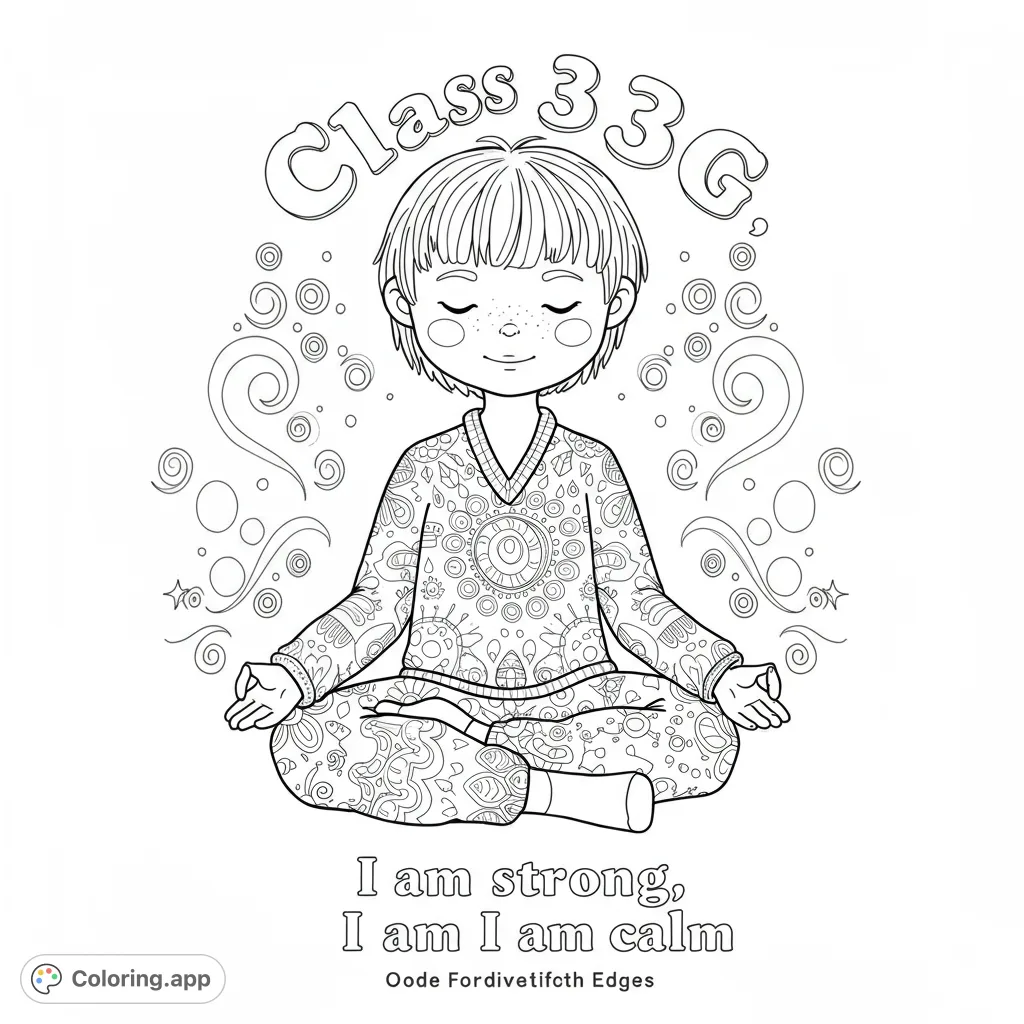 A serene meditation coloring page featuring a child in a peaceful lotus pose, adorned with intricate patterns and surrounded by calming swirls.