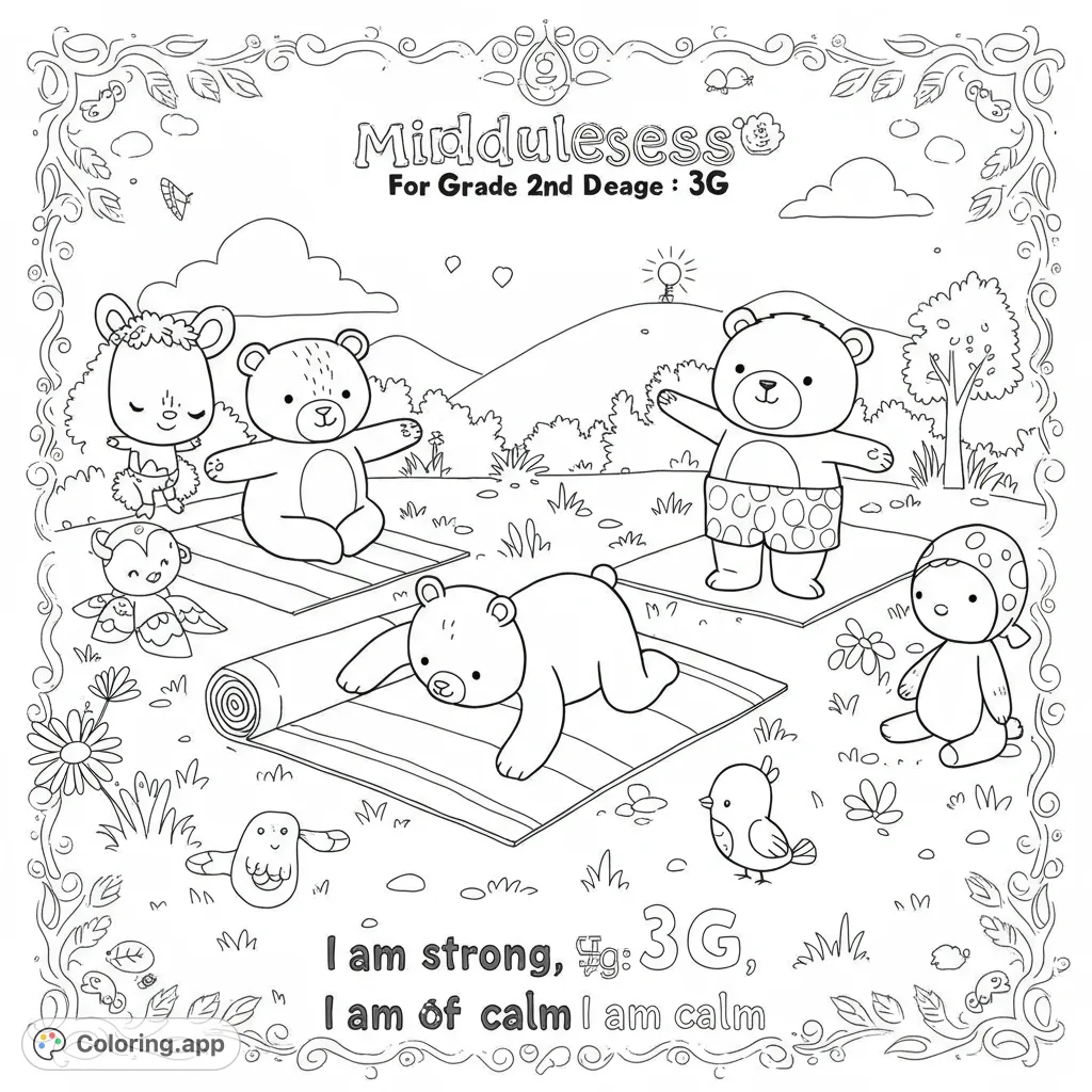Cute animals practice yoga in a serene outdoor setting, perfect for a calming mindfulness coloring page. A free printable activity for all ages.