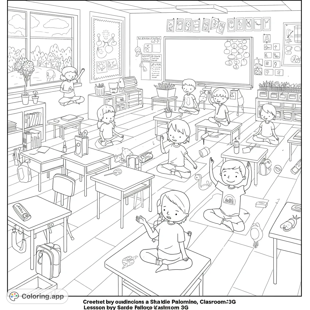 A lively classroom scene with children practicing yoga, surrounded by desks, books, and school supplies. A free printable mindfulness coloring page.