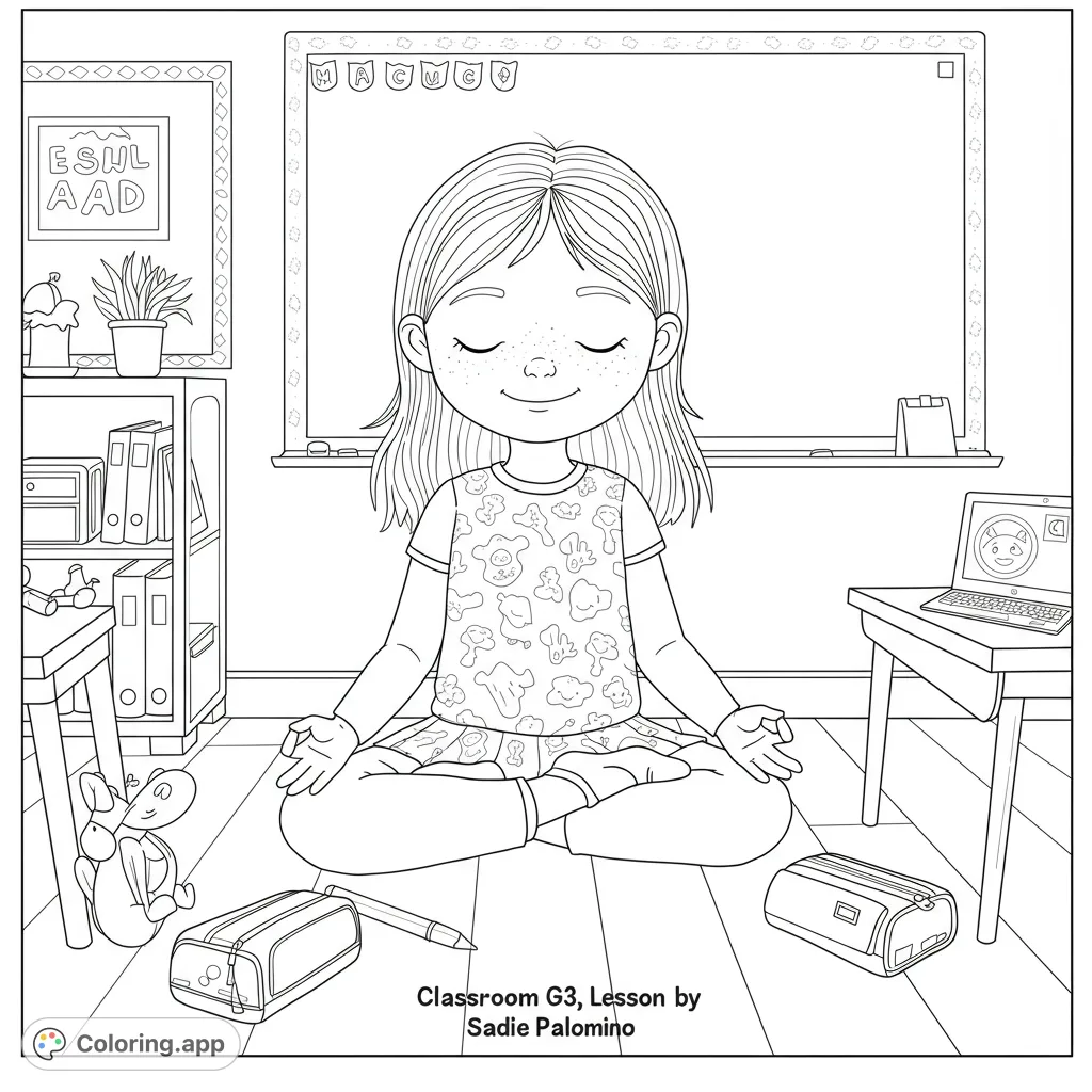 A serene classroom scene featuring a girl meditating, surrounded by school supplies. Perfect for promoting calm and focus.