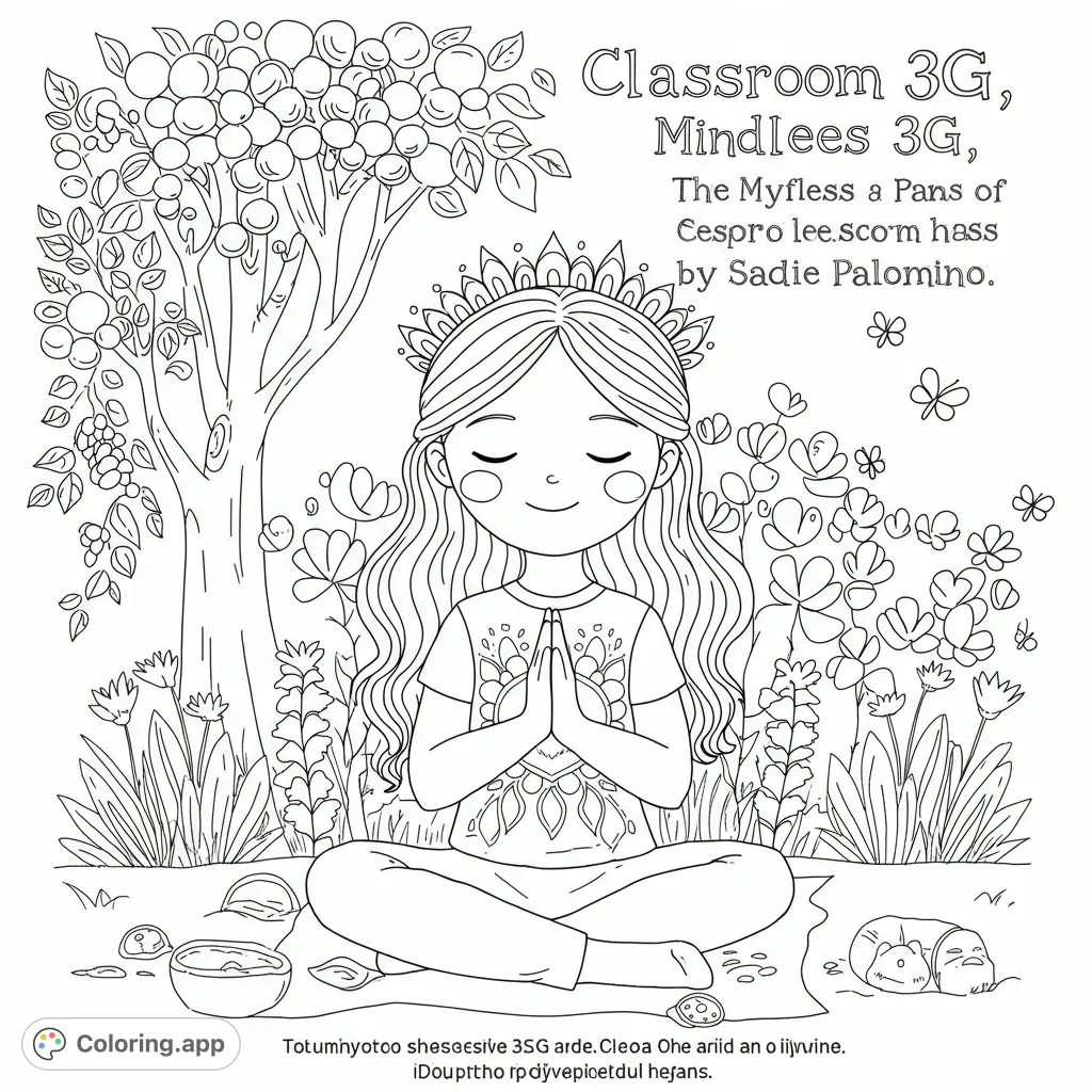 Find serenity with this mindful girl in nature coloring page. A peaceful scene of a meditating girl under a fruit tree, surrounded by flowers and butterflies. Free printable for all ages.