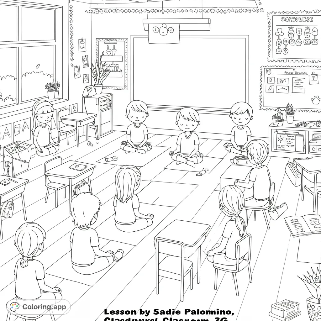 A serene classroom scene with children practicing mindfulness and meditation. Perfect for promoting calm and focus.