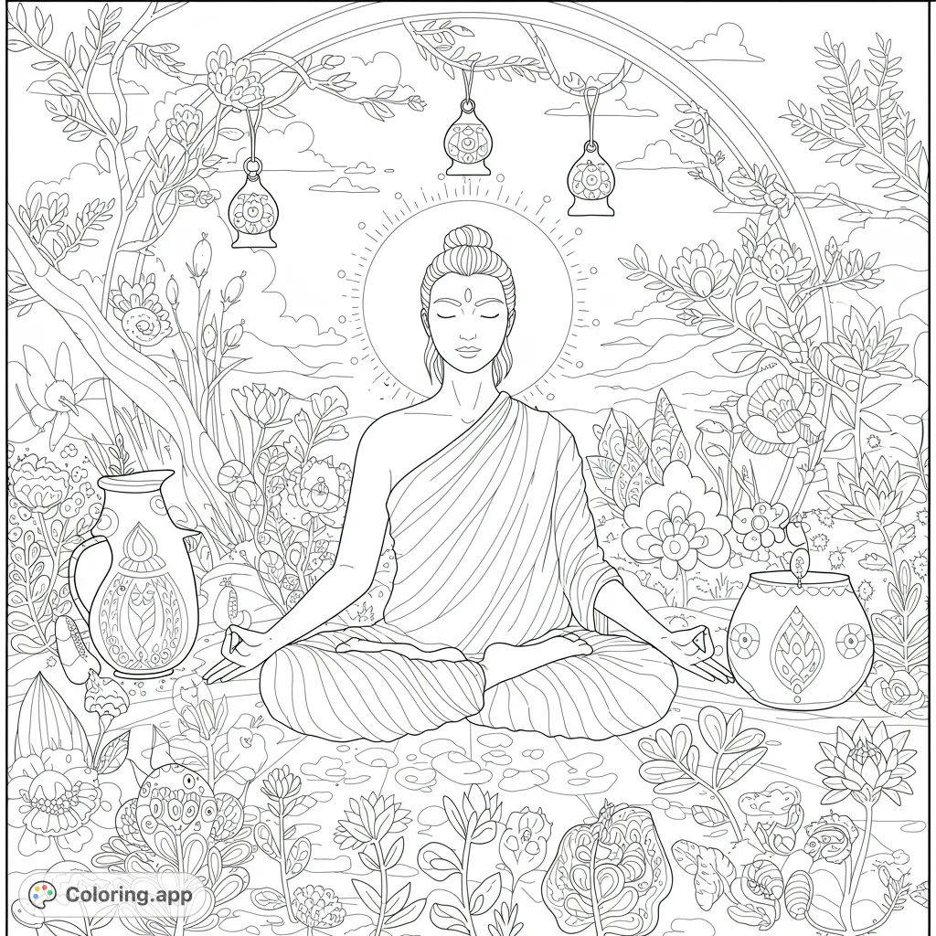 Meditative Buddha amidst a lush garden with ornate lanterns, perfect for a tranquil and detailed coloring experience. Free printable spiritual coloring page.