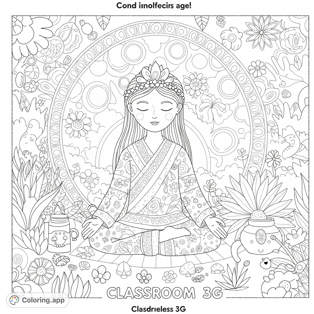 A serene girl meditating amidst a detailed nature mandala, surrounded by whimsical garden elements. Perfect for mindful coloring.