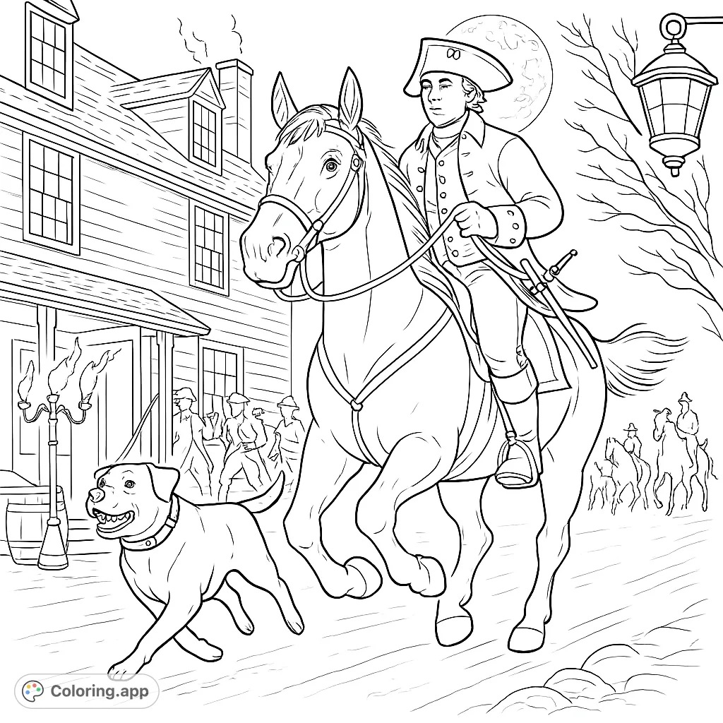 Journey back in time with this historical coloring page featuring a colonial rider on horseback, accompanied by his loyal dog, passing a charming old building under a full moon.