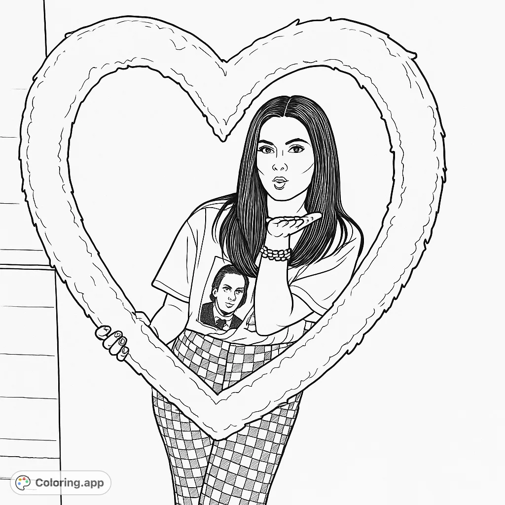 A young woman blows a kiss while holding a large, textured heart frame, wearing a portrait tee and plaid pants. Perfect for a love theme coloring page.