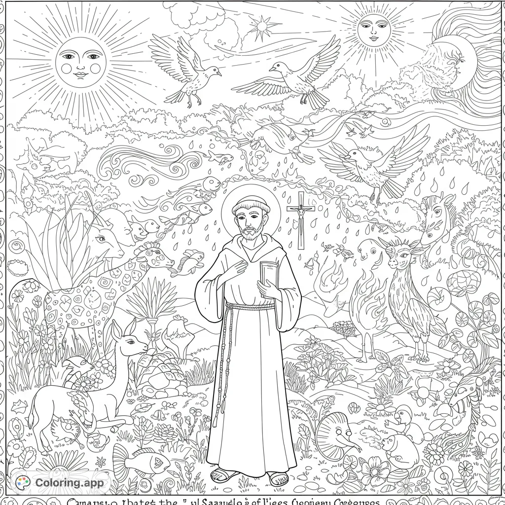 A detailed Saint Francis coloring page featuring the saint surrounded by diverse animals, lush nature, and celestial elements under sun and moon.