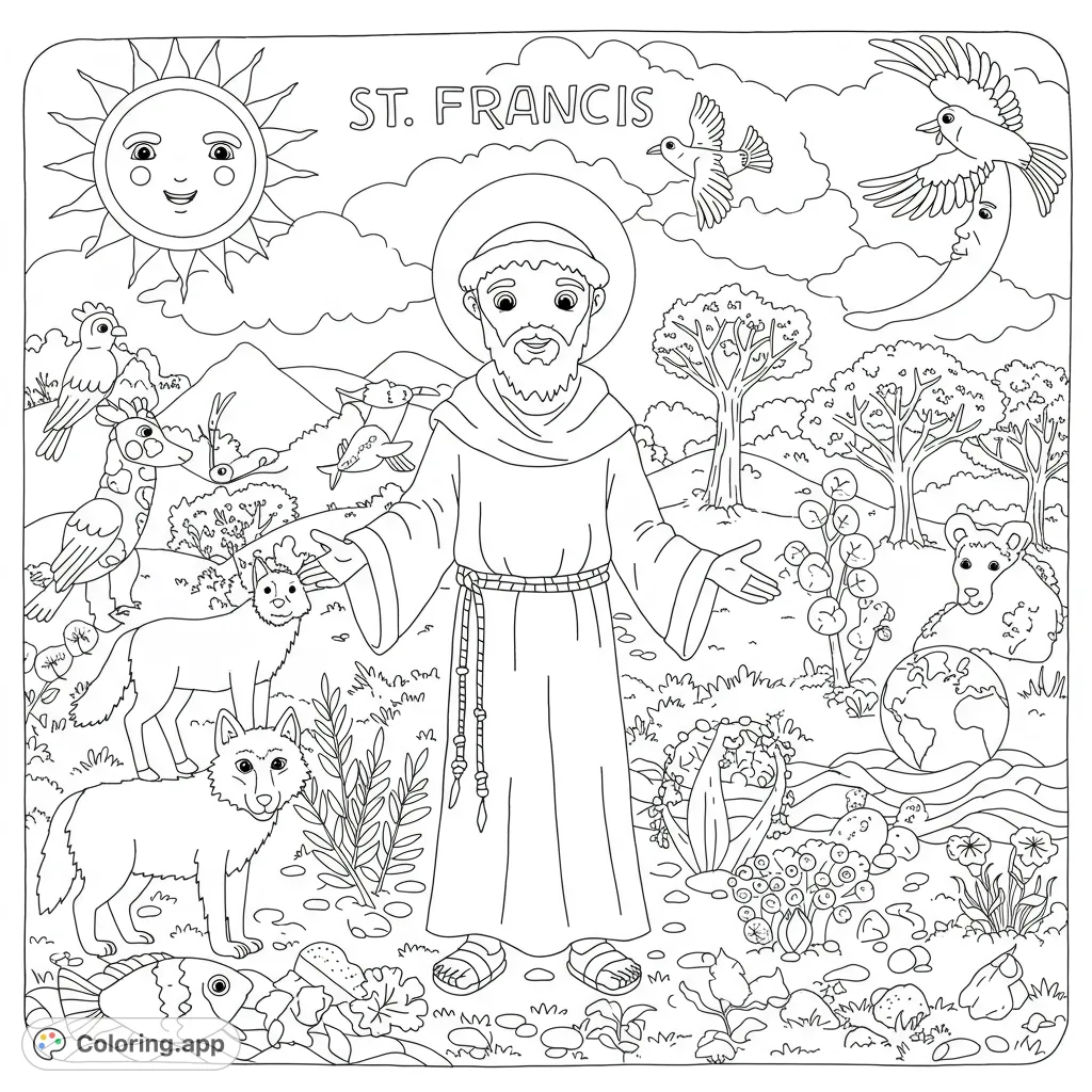 A serene Saint Francis surrounded by animals and nature, perfect for a peaceful coloring experience. Features sun, moon, birds, wolves, and more.