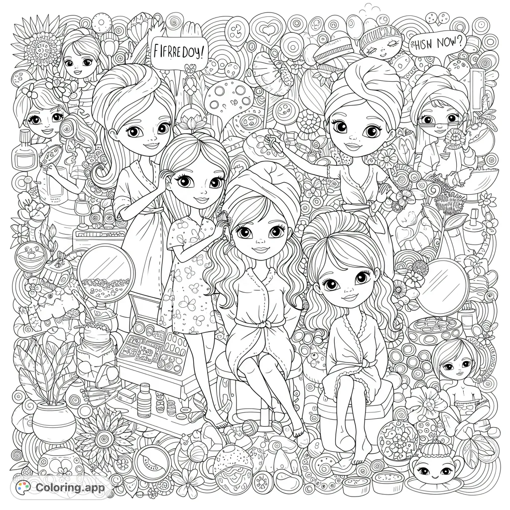 Detailed spa day coloring page with girls in robes, towels, and beauty essentials. A fun, free printable coloring page for relaxation and creative expression.