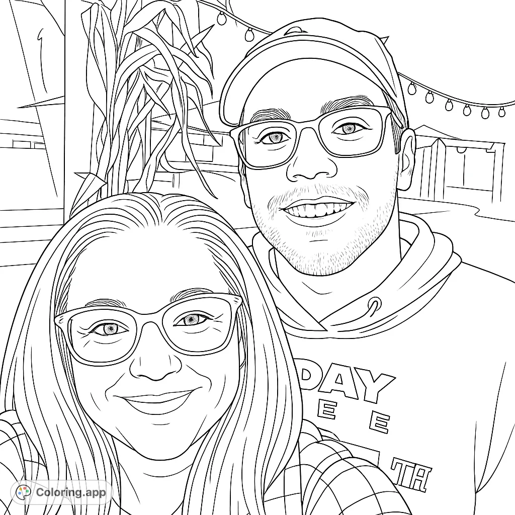 A heartwarming portrait of a smiling couple, perfect for personalizing with your favorite colors. Features detailed faces, glasses, and a cozy background.