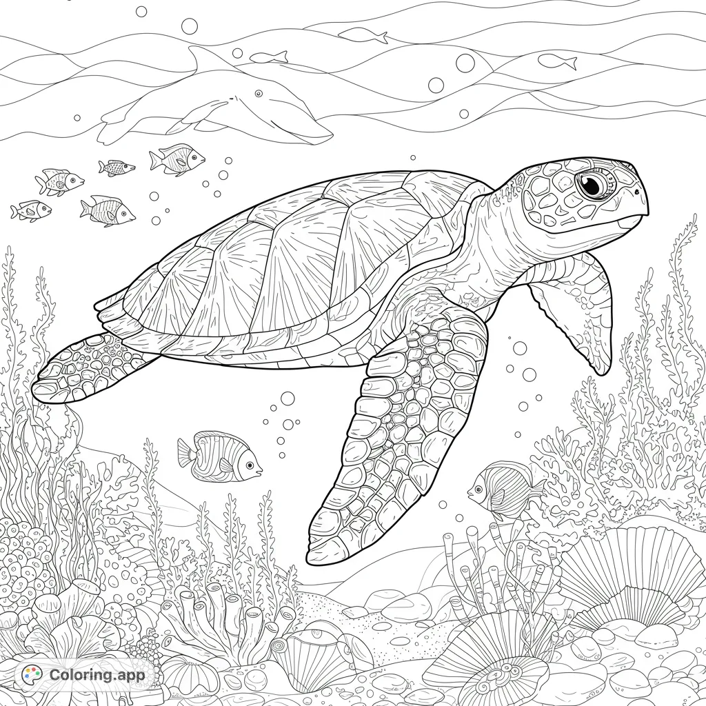 Dive into an enchanting underwater world featuring a majestic sea turtle, playful dolphin, and vibrant coral reef. A detailed ocean adventure awaits your colors!