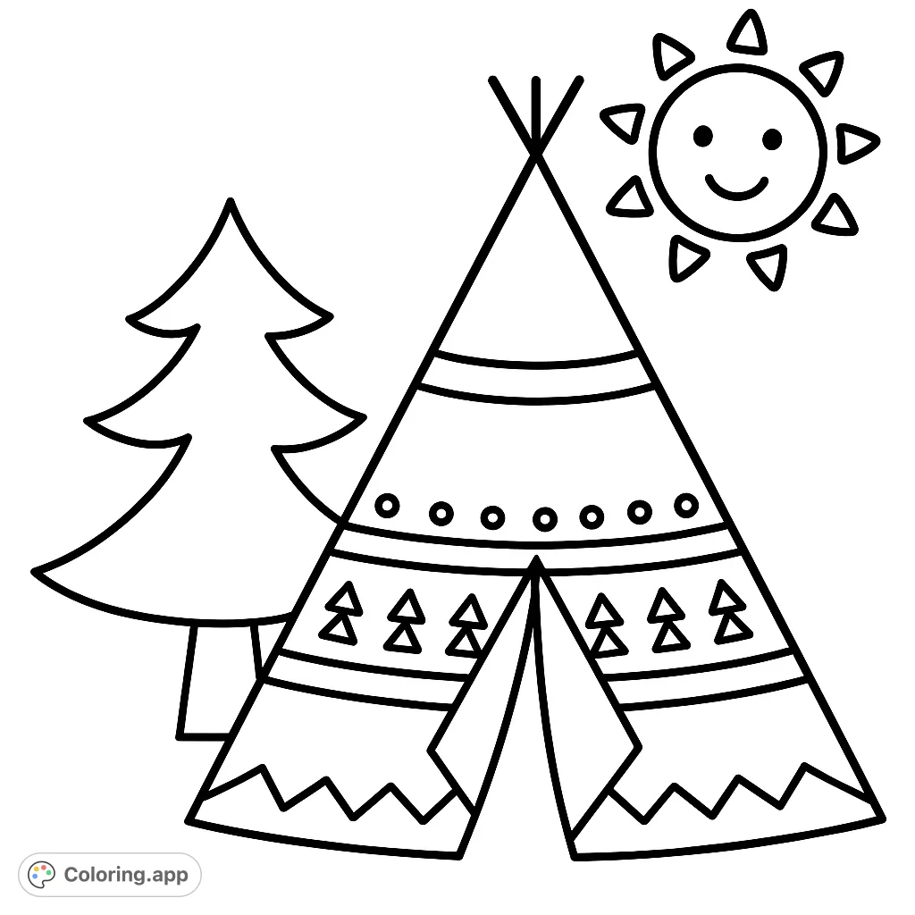 Explore a charming teepee camp scene with a decorated tent, a tall evergreen tree, and a smiling sun. A fun, free printable coloring page for kids!