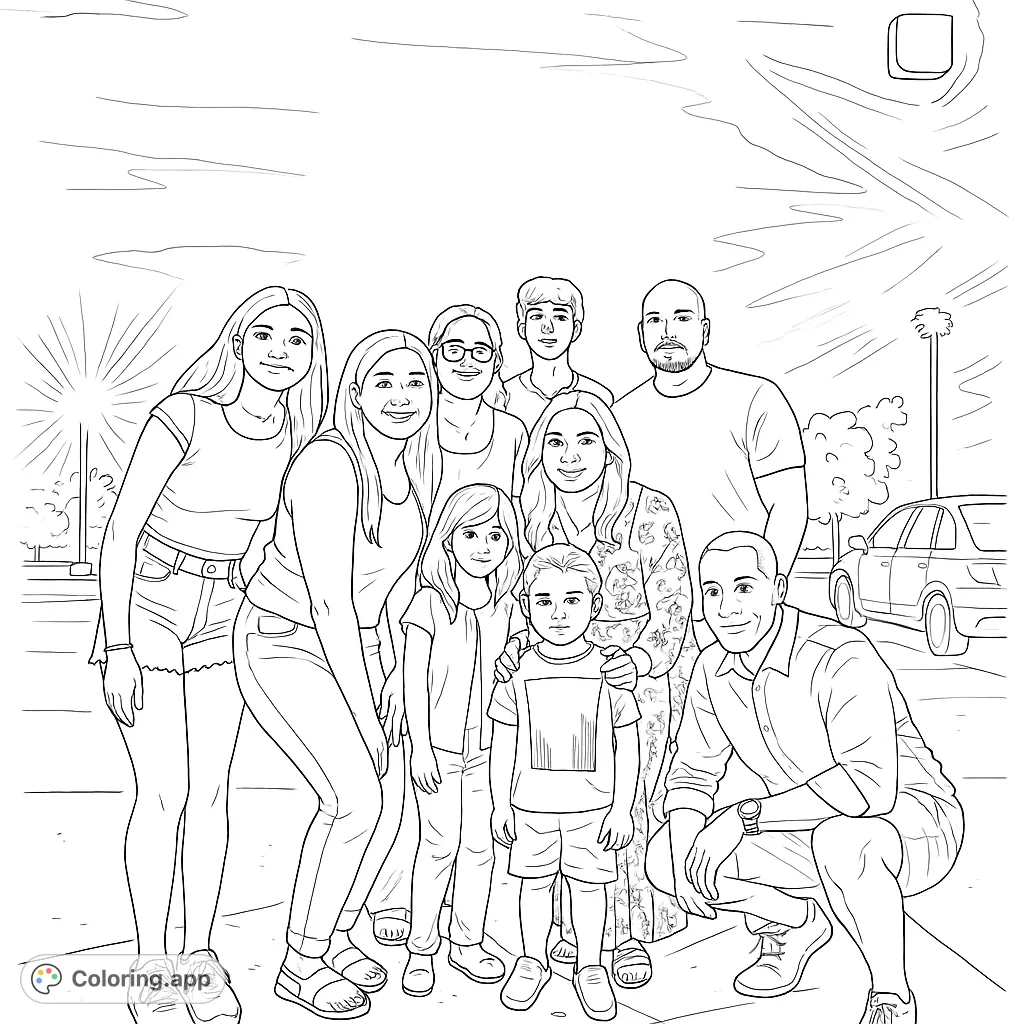 A heartwarming family portrait coloring page featuring a diverse group of adults and children, perfect for celebrating togetherness and creating cherished memories.