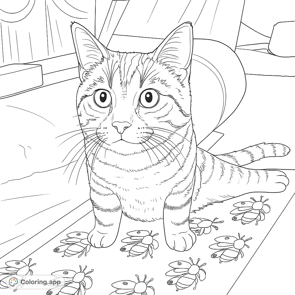 Adorable tabby cat coloring page with playful bees. A free printable coloring page for kids and adults, perfect for animal lovers.