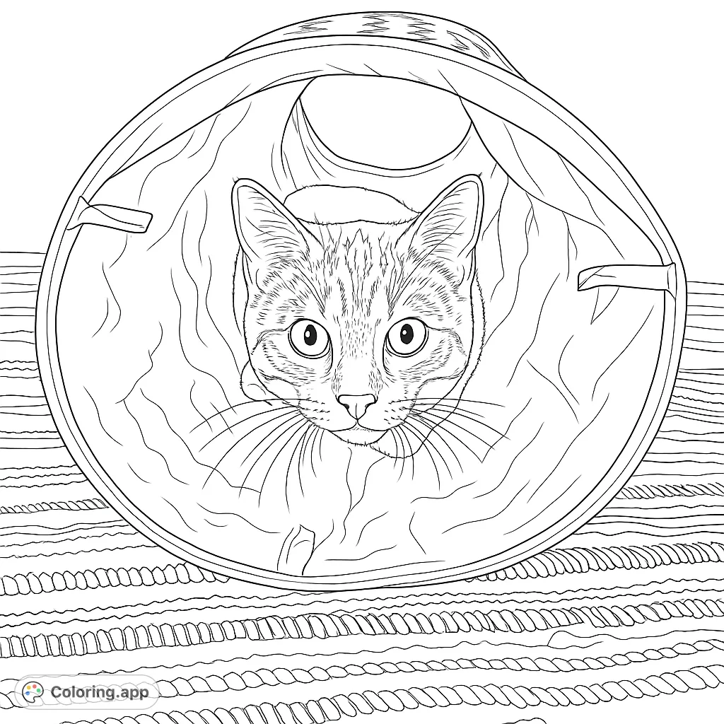 A charming cat peeks from a play tunnel, ready for adventure. Perfect for cat lovers, this free printable coloring page offers delightful details.