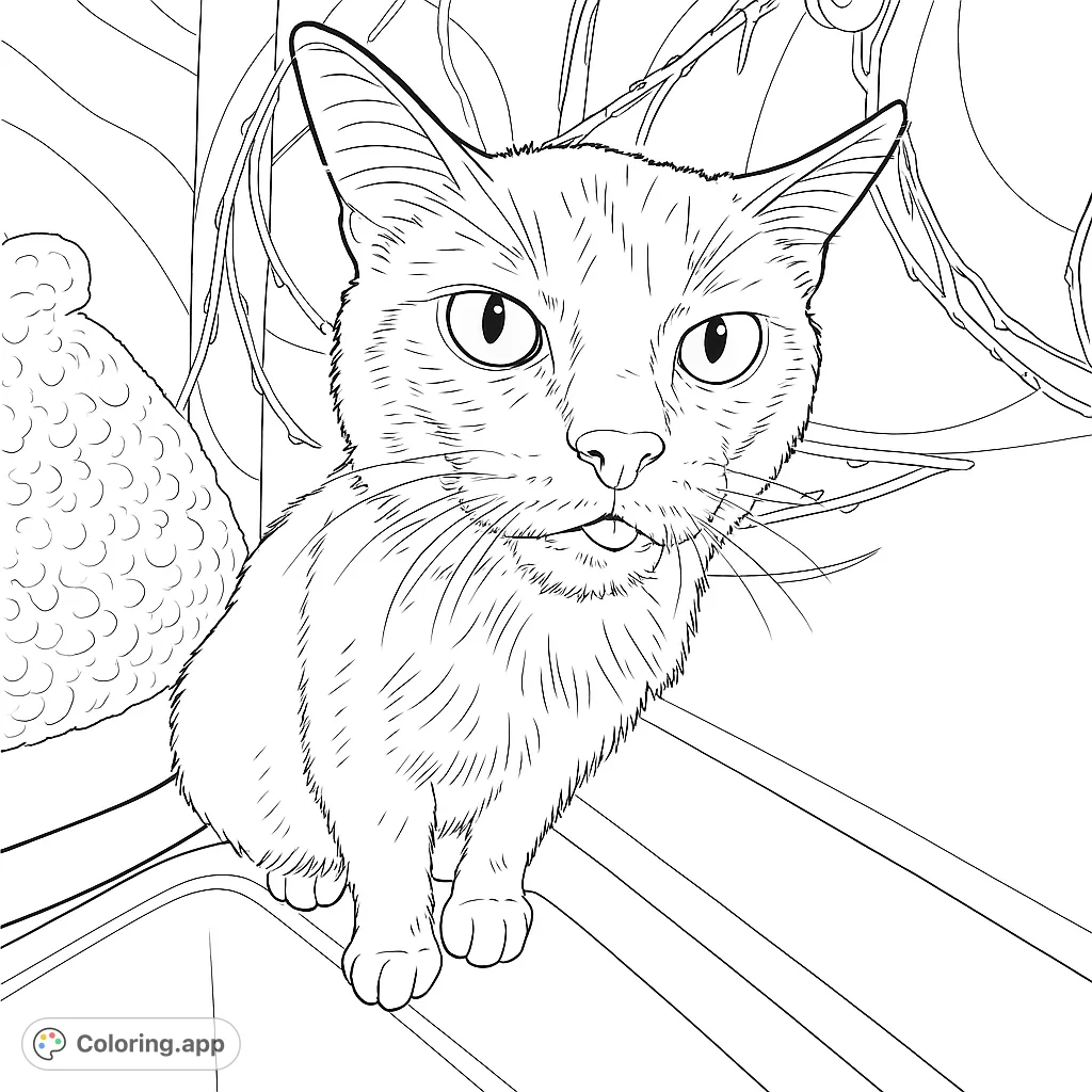 A charming cat with a tiny tongue out, perched on a ledge, surrounded by playful textures. A delightful free printable cat coloring page.
