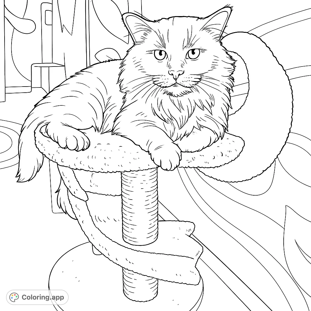 A majestic fluffy cat rests on a multi-level cat tree, ready for a cozy coloring adventure. Perfect for cat lovers and relaxation.