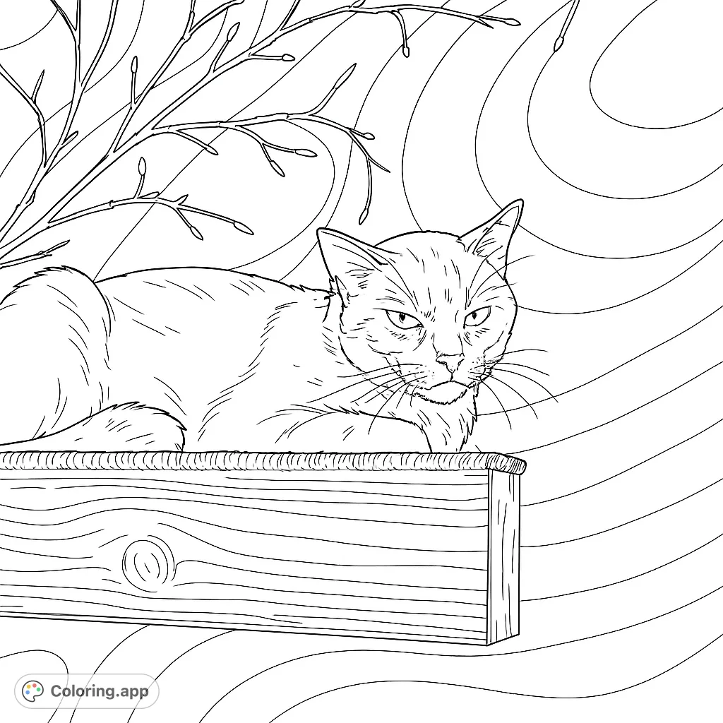 A detailed cat coloring page featuring a focused feline resting on a textured wooden box, with bare branches and flowing wavy lines in the background. Free printable.