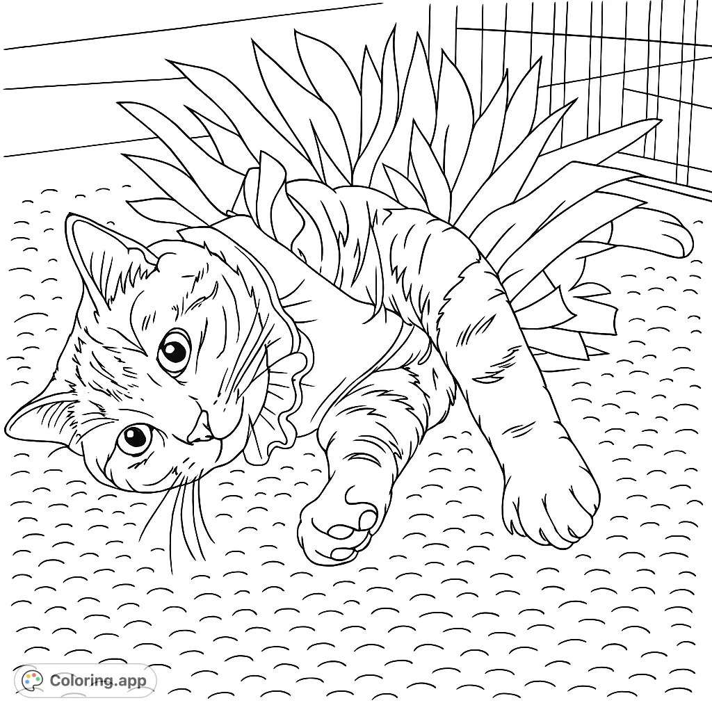 An adorable tabby cat in a fluffy tutu, lying playfully on a textured carpet. Perfect for cat lovers and detailed coloring fun!