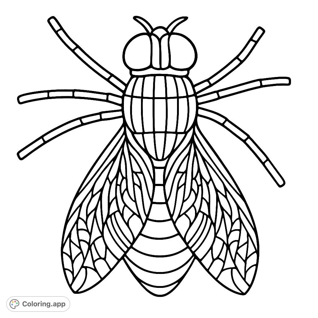 Explore an intricate fly coloring page featuring detailed wings, segmented body, and large eyes. A free printable coloring page for nature lovers.