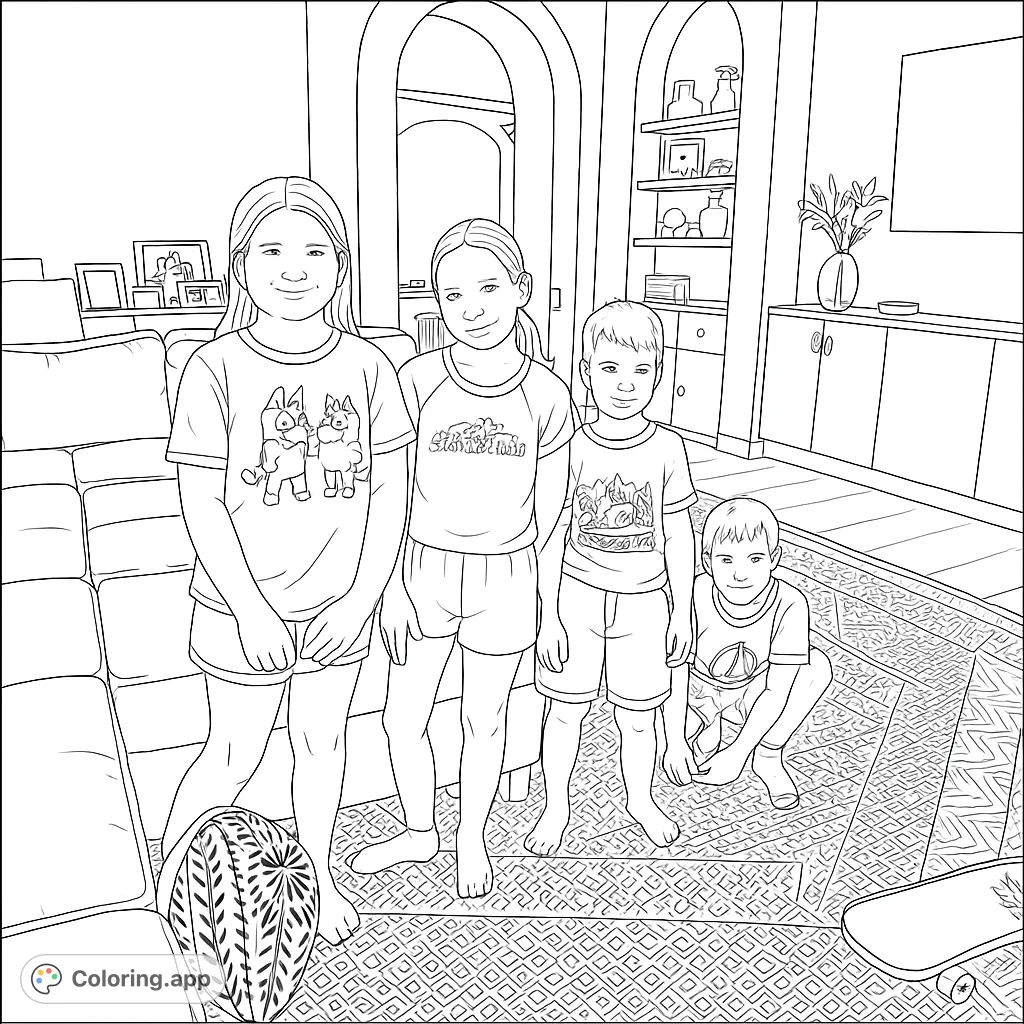 A delightful family room coloring page featuring four happy children, a cozy sofa, and a patterned rug, perfect for all ages to enjoy.