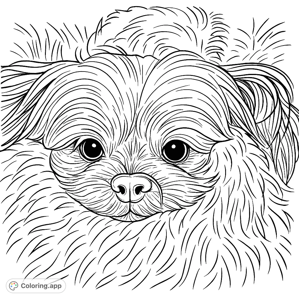 An adorable fluffy dog face coloring page, perfect for pet lovers. Features intricate fur textures and expressive eyes for a delightful coloring experience.